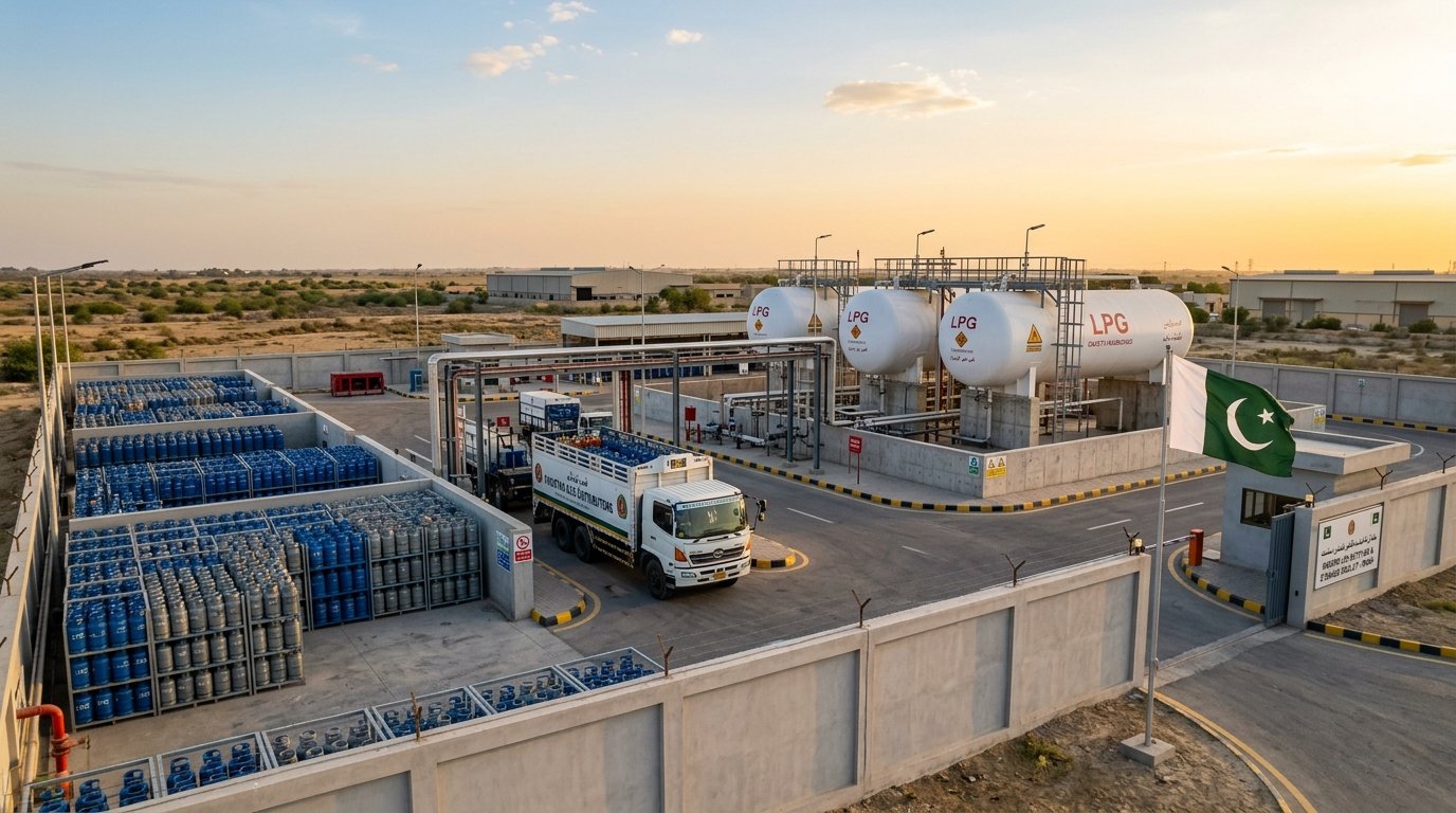 Modern LPG storage and bottling facility in Sindh, Pakistan with storage tanks and cylinder yard