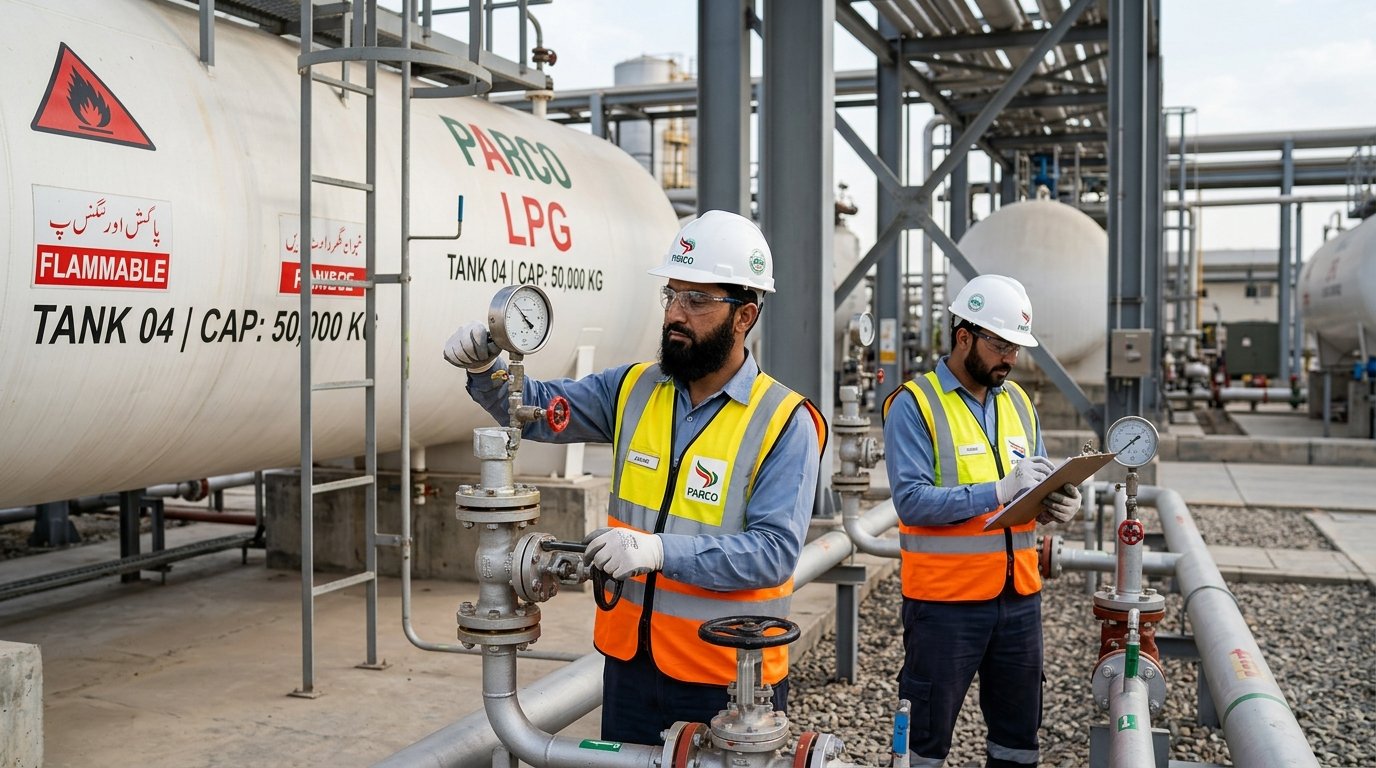 Pakistani safety engineers inspecting pressure gauges at an LPG storage facility