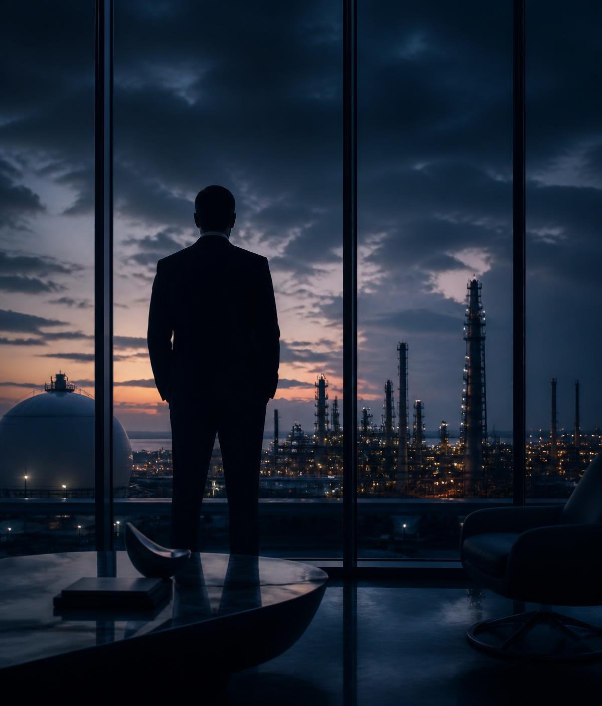 Silhouette of an executive overlooking an energy facility at dusk